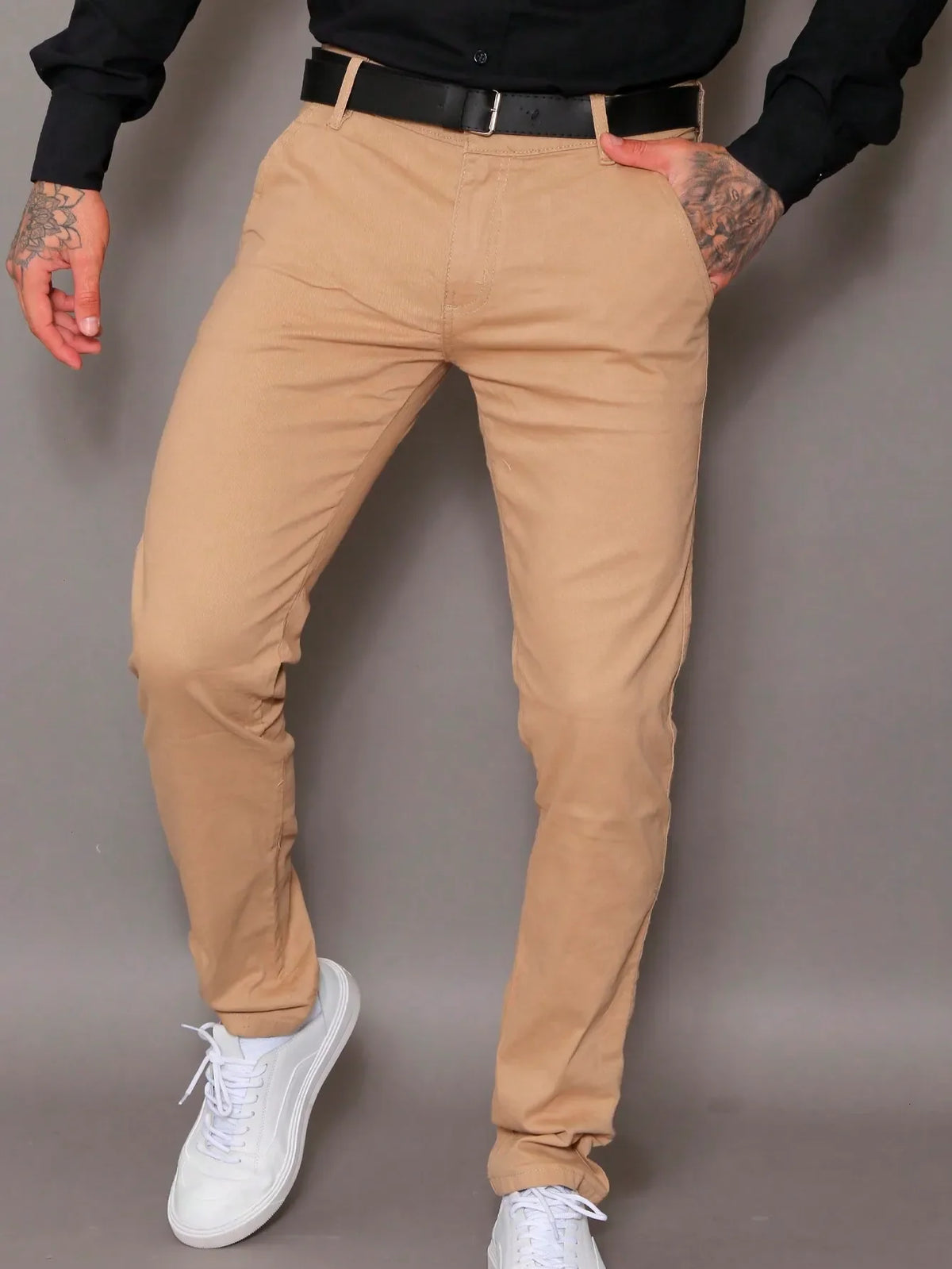 Calça de alfaiataria masculino sarja slim esporte fino com bolsos